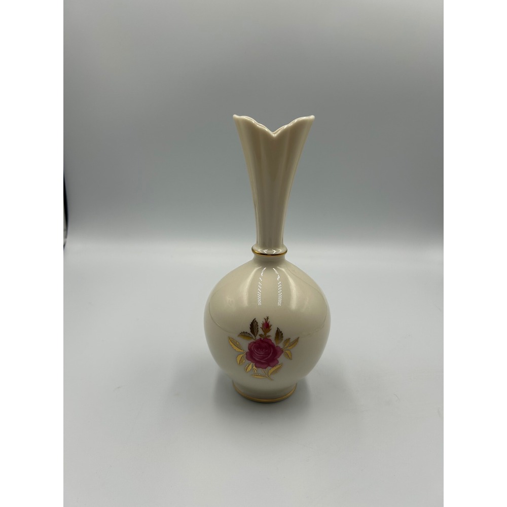 Lenox Ivory China Bud Vase Pink Rose Gold Trim Heart Shaped Rim Made in USA